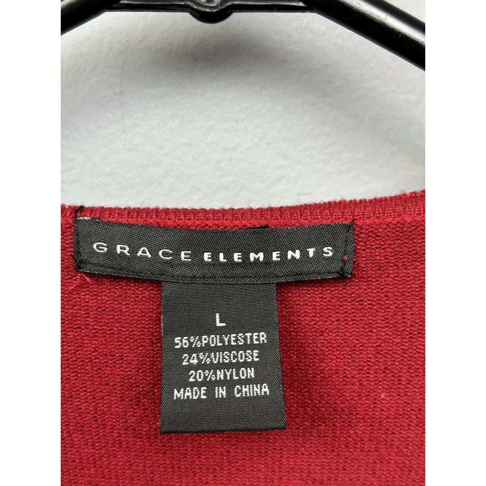 Grace Elements Cardigan Womens Large Red Open Front Ruffle Trim 3/4 Sleeve Knit